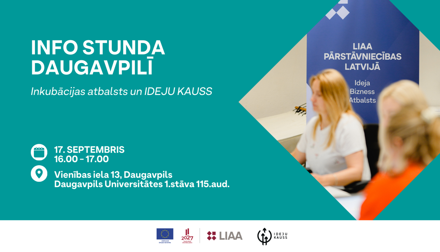 Cilvēki sēž pie galda, aiz kura ir LIAA baneris. Pasākuma vizuālis