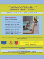 Cilvēki peldbaseinā ar treneri. Peldētprasmes nodarbību afiša