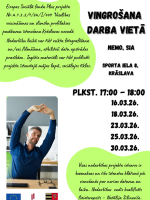 Bīrietis, kas birojā veic stiepšanās vingrinājumu. Afiša vingrošanas nodarbībām darba vietā.