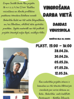 Vīrietis, kas birojā veic stiepšanās vingrinājumu. Afiša vingrošanas nodarbībām darba vietā.